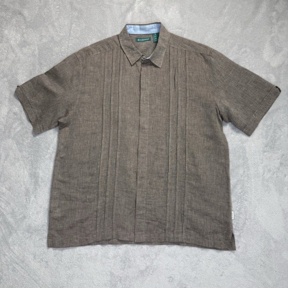 Cubavera Mens XL Brown Linen Guayabera Shirt Trim Detail Short Sleeve Button Up